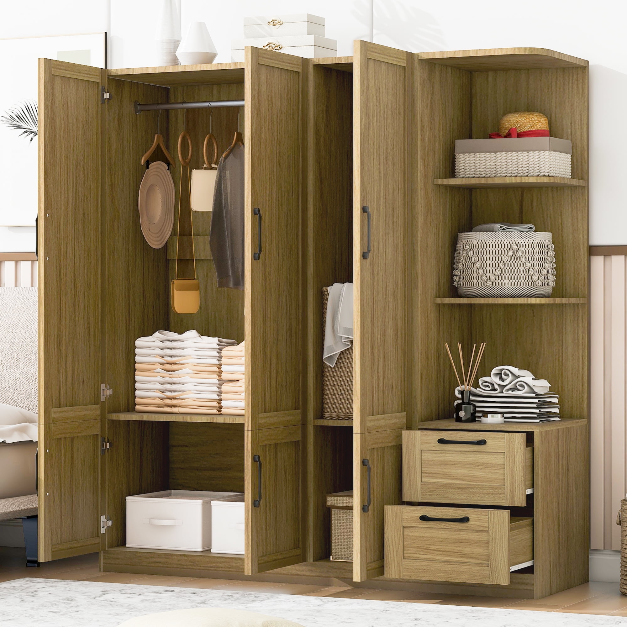 Euroco Modern Wood 3-Door Wardrobe with Drawers and Shelves for Kids Adults, Natural