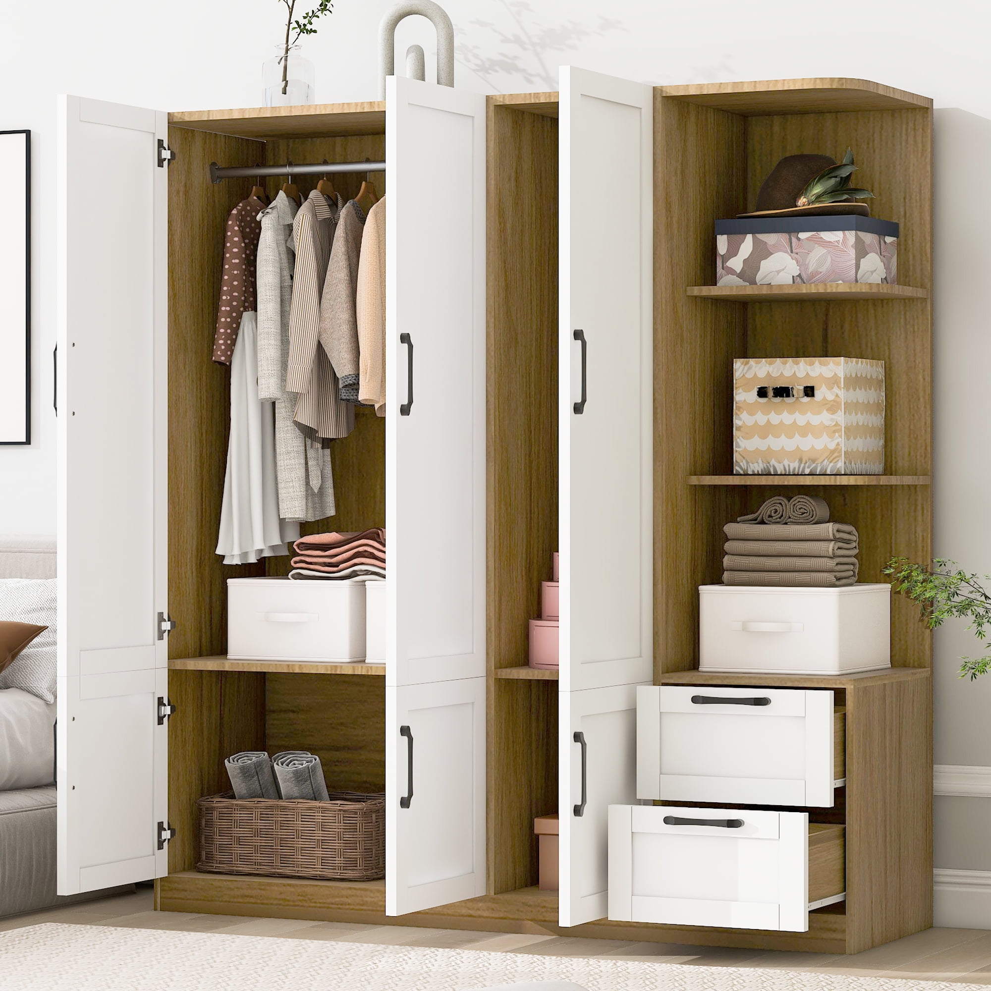 Euroco Modern Wood 3-Door Wardrobe with Drawers and Shelves for Kids Adults, White