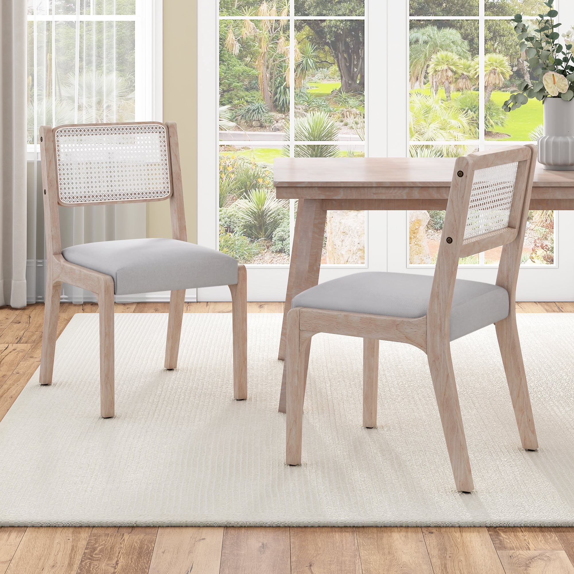 Euroco Wood Dining Chairs Set of 2, Modern Kitchen Side Chairs with Padded Seat and Rattan Back,Farmhouse Accent Chairs for Dining Room,Beige