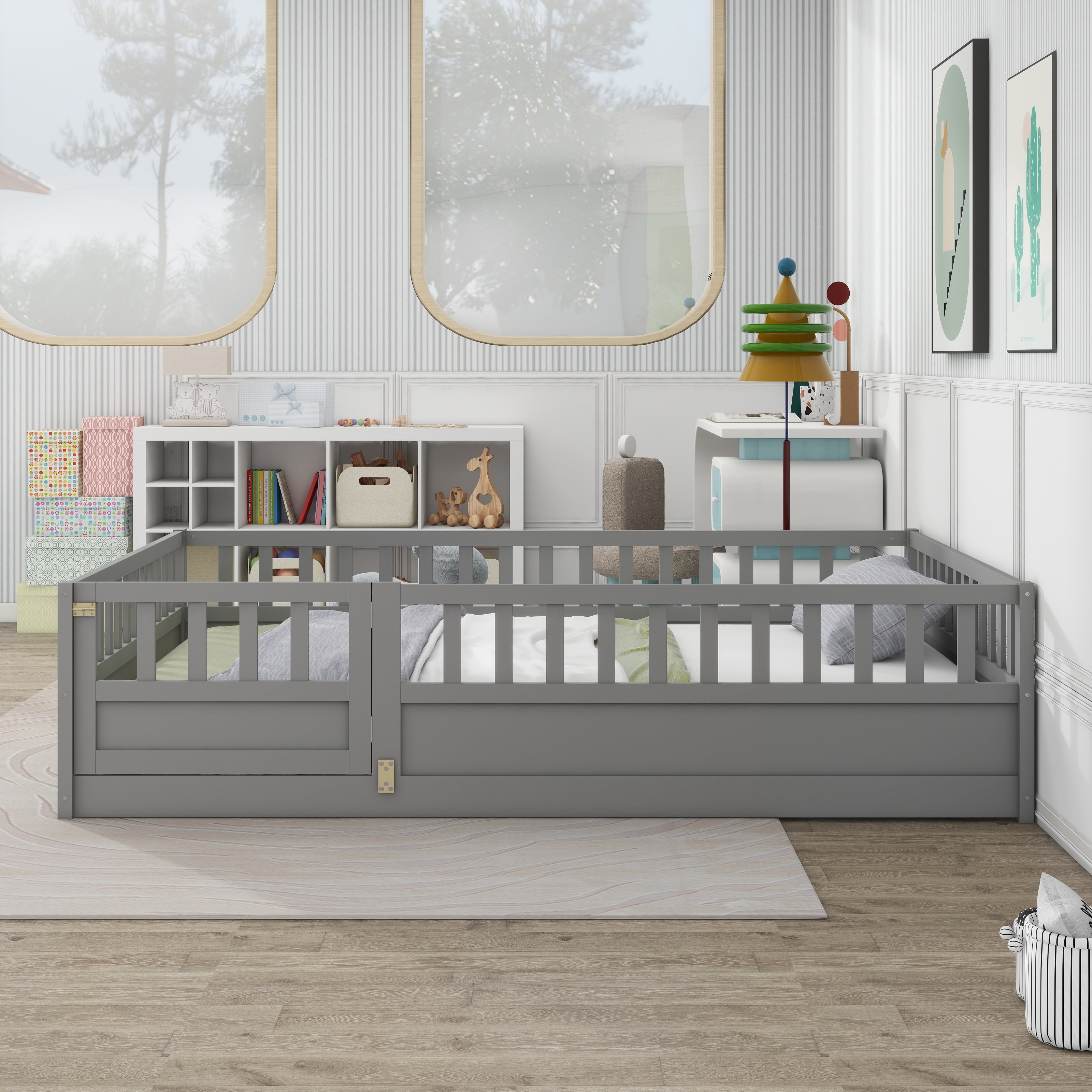 Euroco Wood Floor Bed with Fence and Door for Kids, Full, Gray