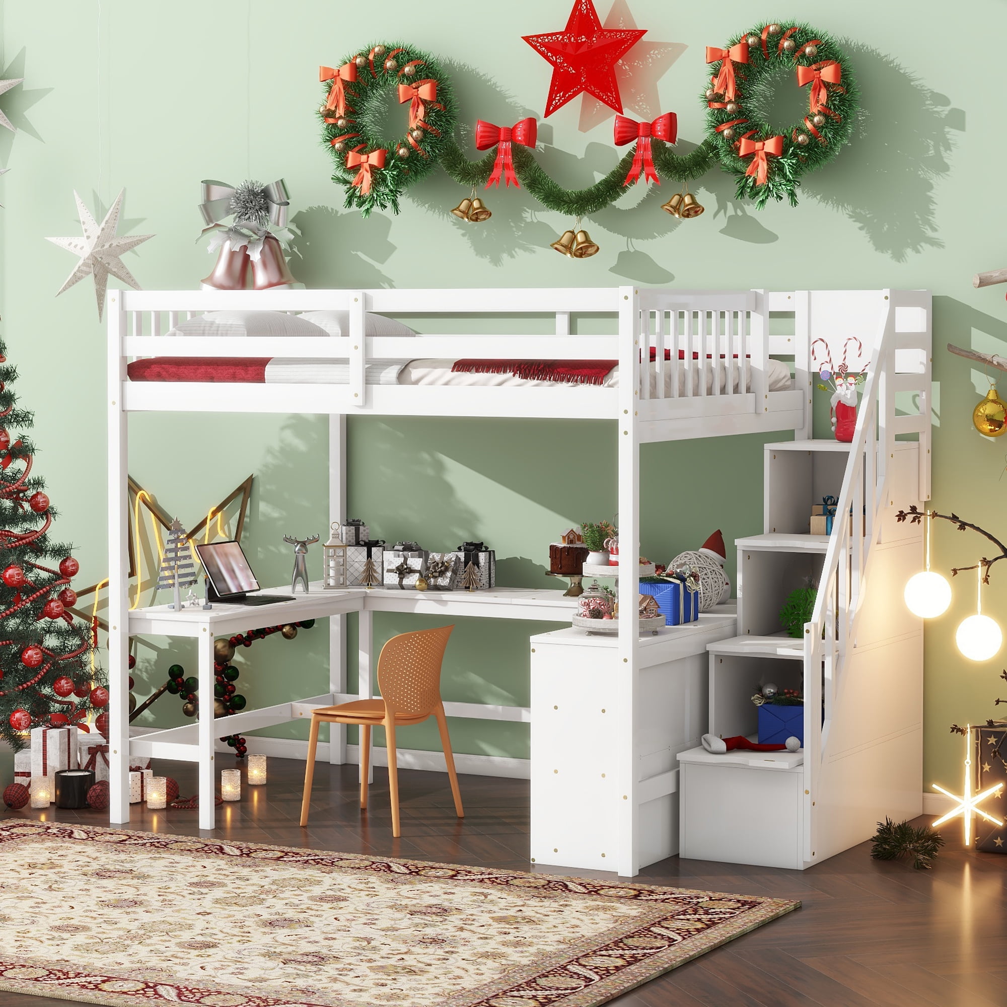 Euroco Wood Frame Desk Bookcase Full Loft Bed with Storage Staircase and Shelf for Kids Teens White