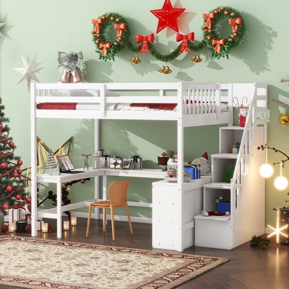 Euroco Wood Frame Desk Bookcase Full Loft Bed with Storage Staircase and Shelf for Kids Teens White