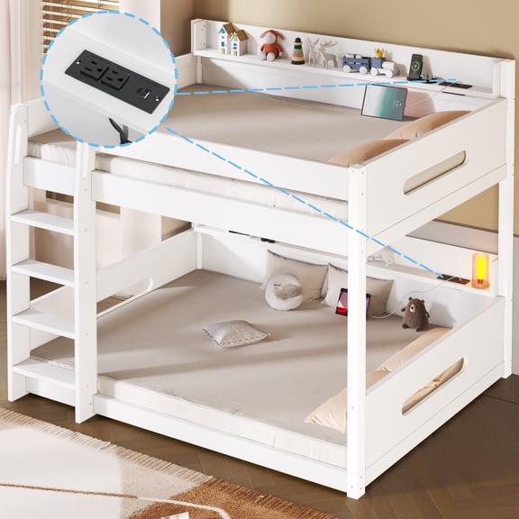Euroco Wood Queen over Queen Bunk Bed with Storage Shelves and USB Ports, White