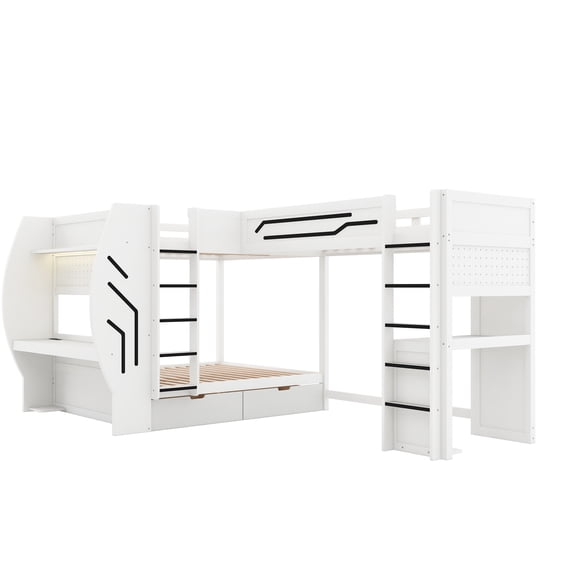 Euroco Wood Full over Full Bunk Bed with Twin Loft Bed, L-Shaped 3 Beds with 2 Desks, Drawers and Pegboards, Storage Gaming Bed with LED Light and USB Charging, White