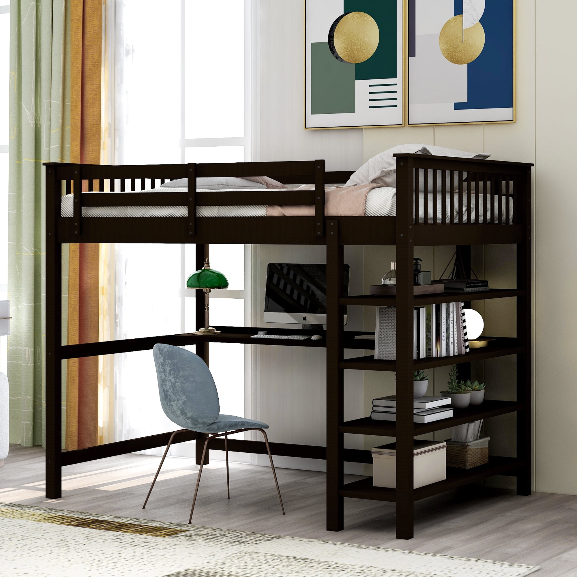 Euroco Wood Full Loft Bed with Desk & Shelves, Brown