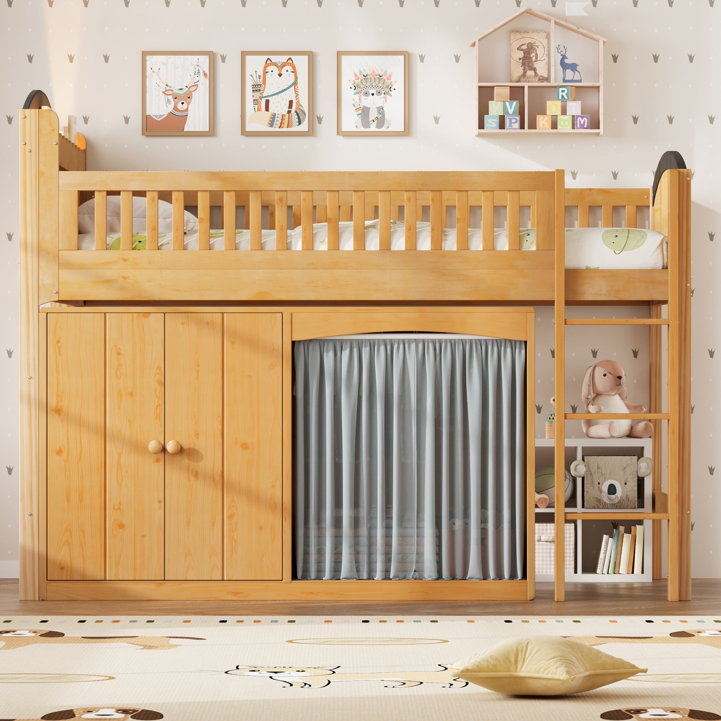 Euroco Wood Full Loft Bed with Wardrobe and Cabinets, LED Light, Wood