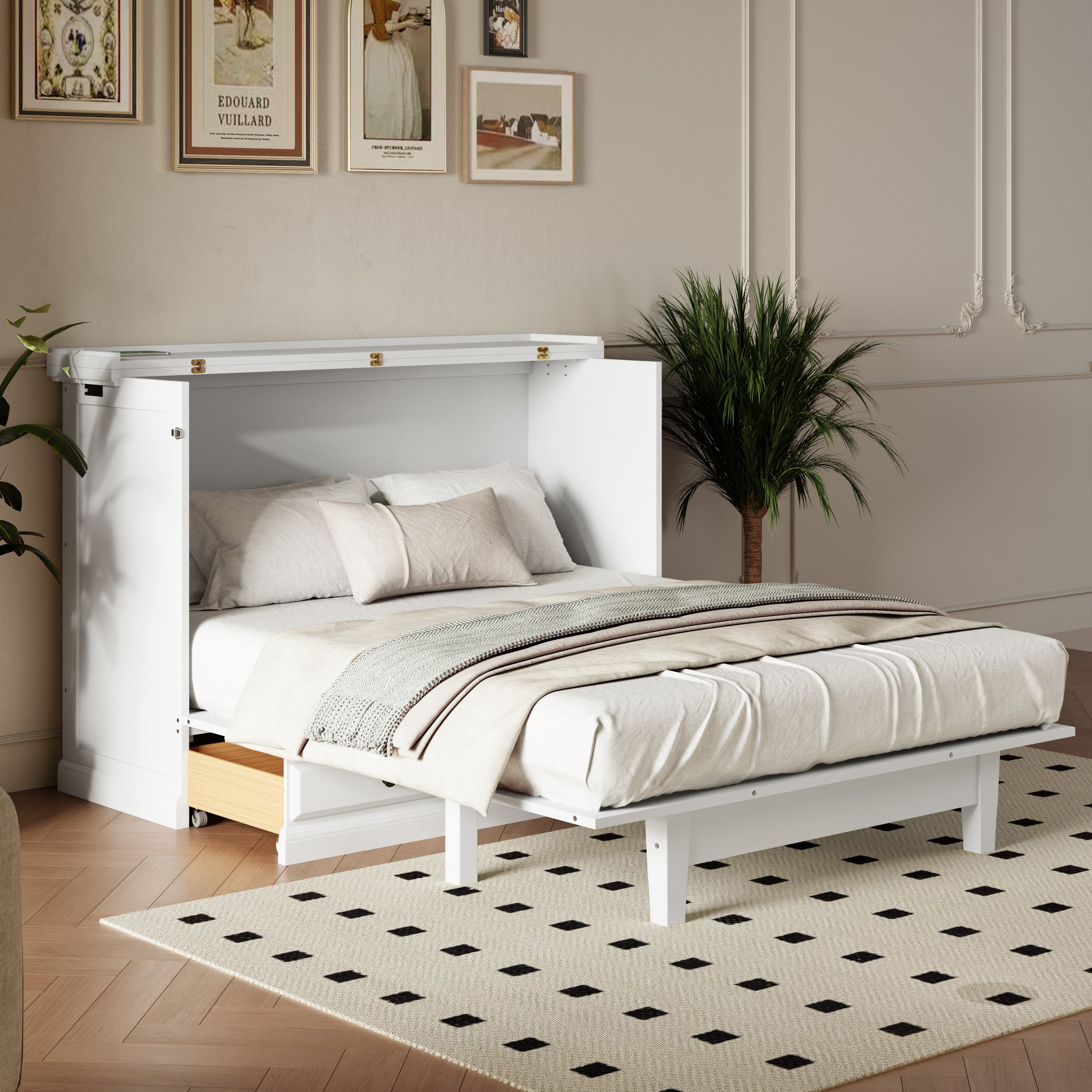 Euroco Wood Full Murphy Bed with Drawers and USB Charging Station, Convertible Cabinet Adults, Gray