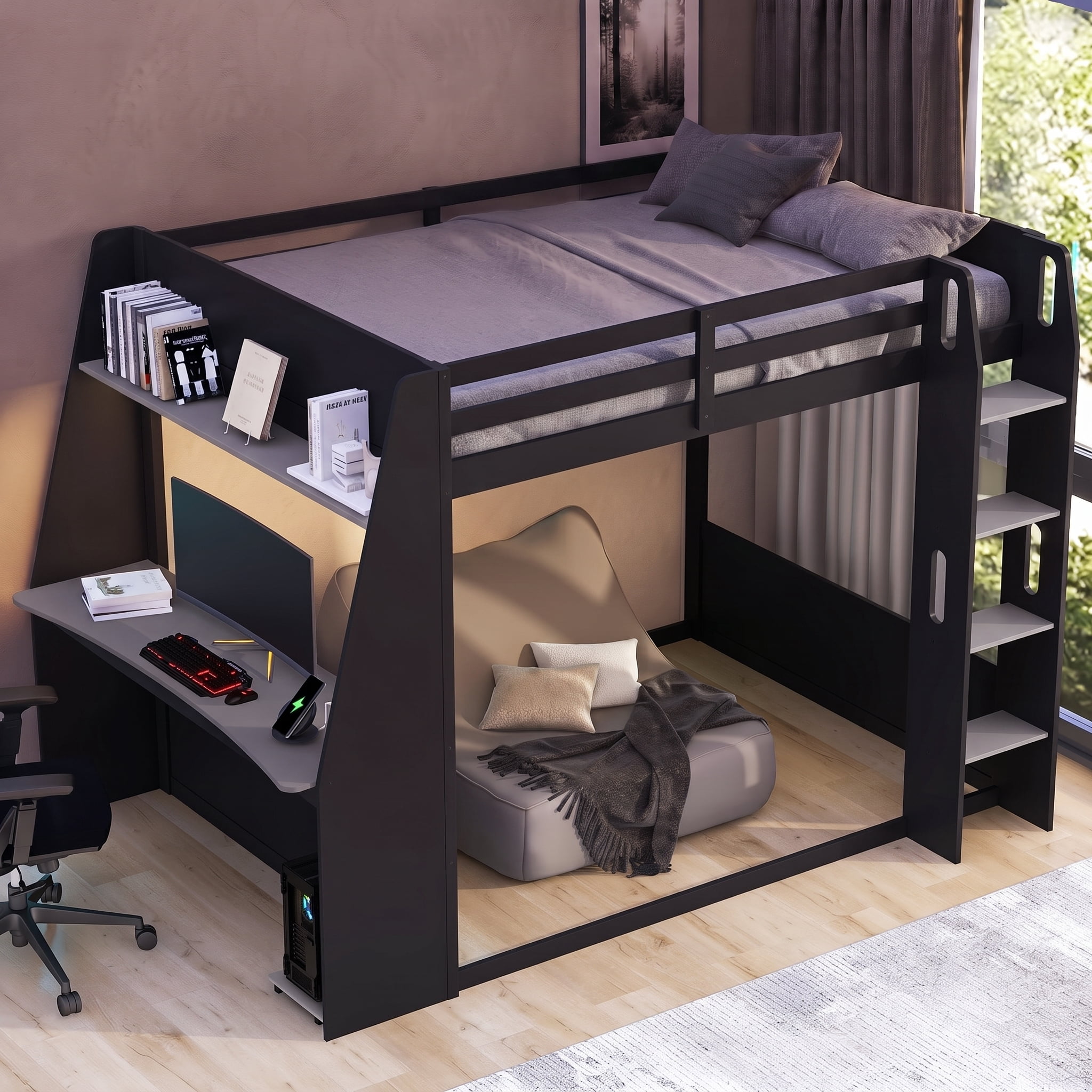 Euroco Wood Full Size Bunk Bed with Desk and Shelves, Gaming Bed with LED Light and USB Charging, Grey