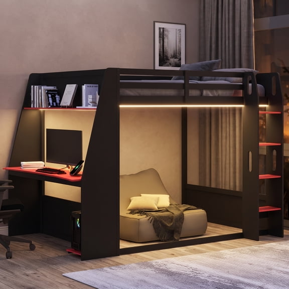 Euroco Wood Full Size Bunk Bed with Desk and Shelves, Gaming Bed with LED Light and USB Charging, Red