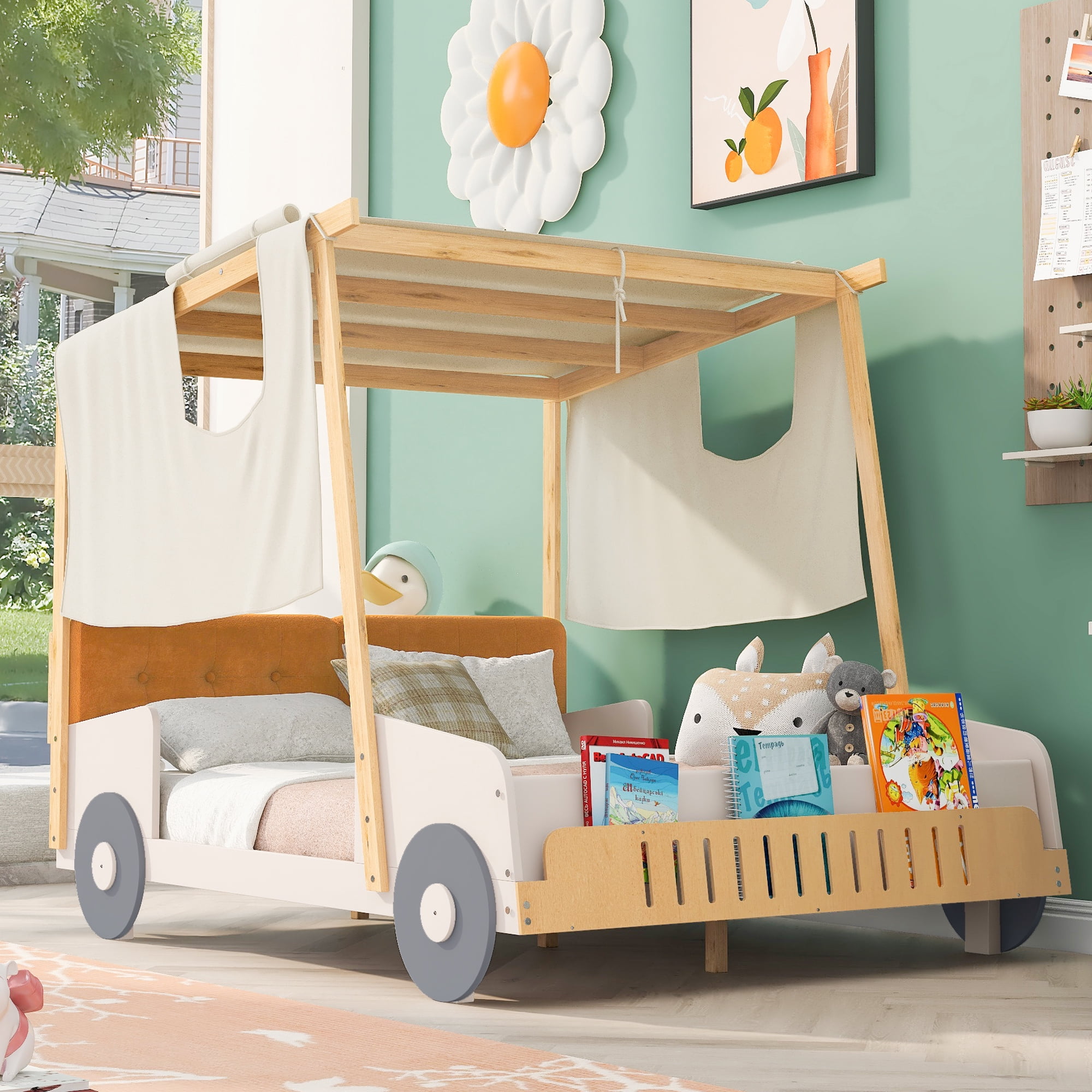 Euroco Wood Full Size Canopy Bed, Car Bed with Pillow and Ceiling Cloth Design, Platform Bed with LED Light for Kids Teens, Natural