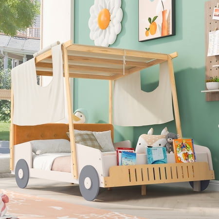 Euroco Wood Full Size Canopy Bed, Car Bed with Pillow and Ceiling Cloth Design, Platform Bed with LED Light for Kids Teens, Natural