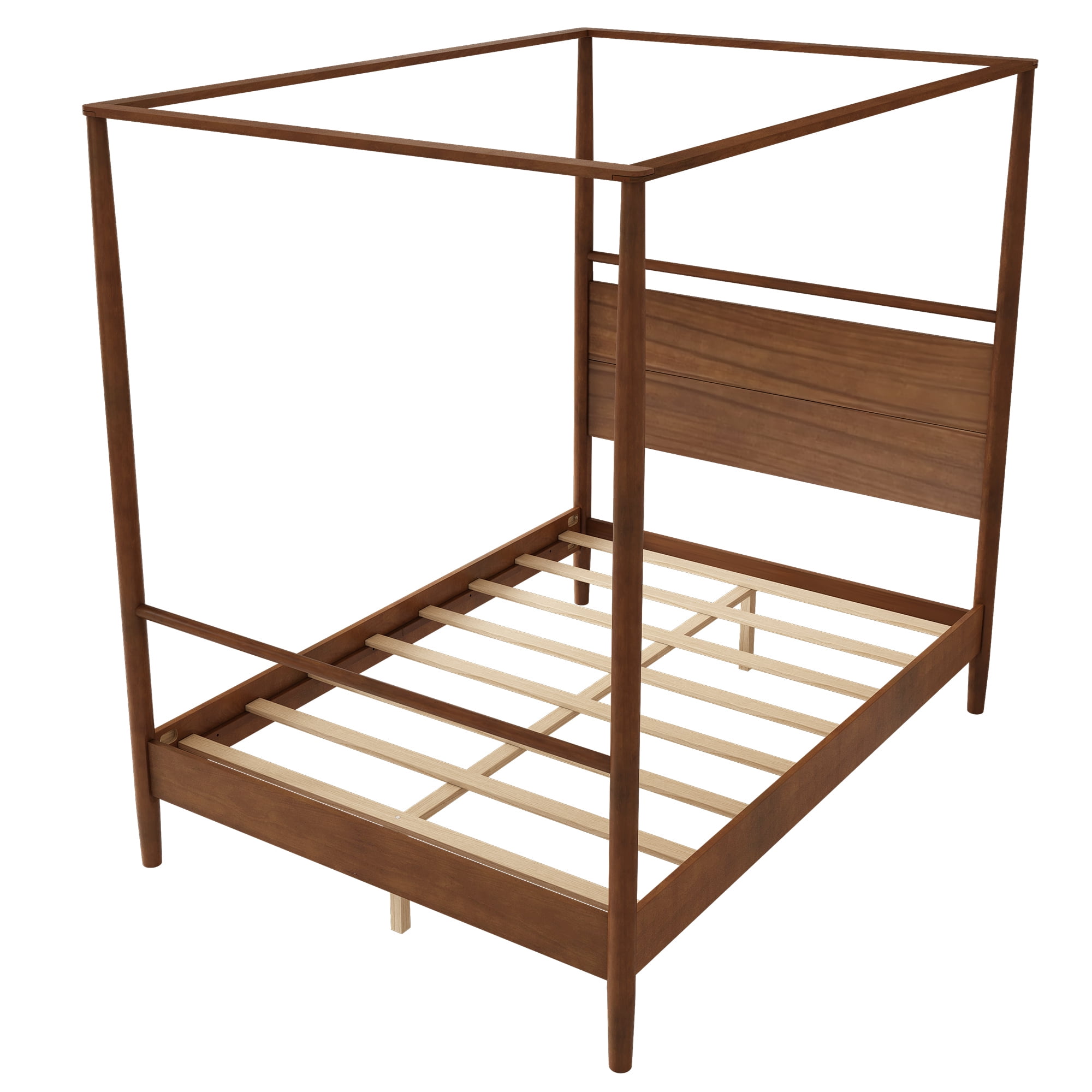 Euroco Wood Full Size Canopy Bed, Platform Bed with Four Posters, Walnut