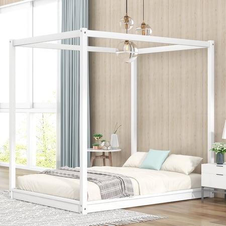 Euroco Wood Full Size Canopy Platform Bed with Support Frame for Kids Bedroom, White