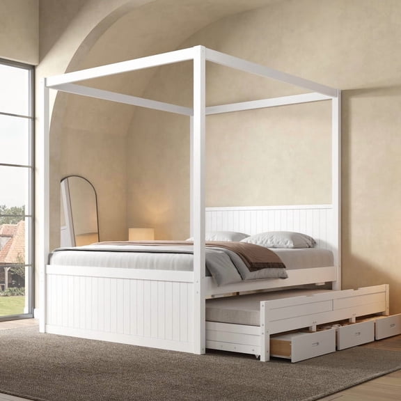 Euroco Wood Full Size Canopy Platform Bed with Twin Trundle and Drawers, White