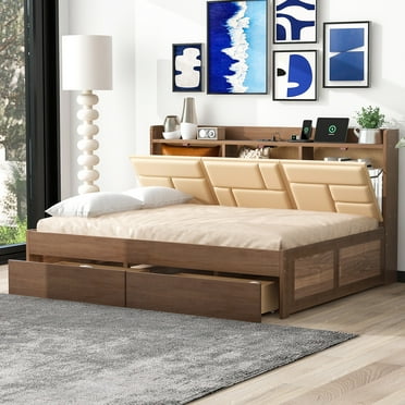 Euroco Wood Full Size Captain Bed with Upholstered Headboard,USB Charging Staion 250lb Load Weight Kids Daybed