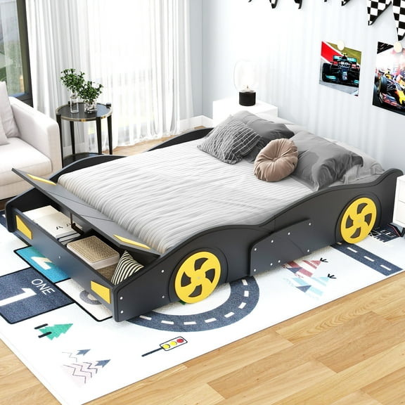 Euroco Wood Full Size Car-Shaped Platform Bed with Tires, Lower Profile Bed with Storage for Bedroom, Black