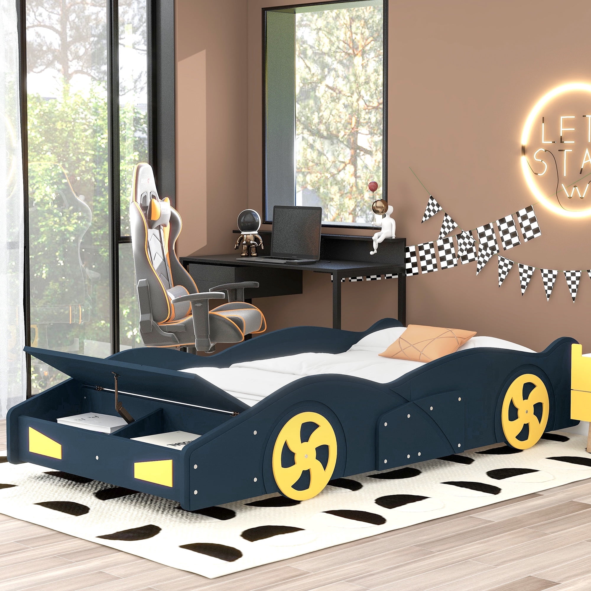 Euroco Wood Full Size Car-Shaped Platform Bed with Tires, Lower Profile Bed with Storage for Bedroom, Blue
