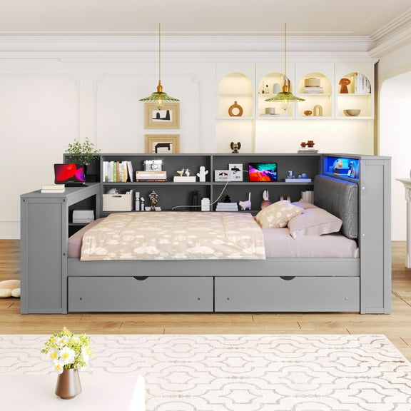 Euroco Wood Full Size Daybed with Desk and Shelves, Captain Bed with Upholstered Headboard, LED Light and USB Charging, Gray