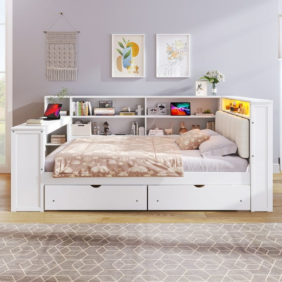 Euroco Wood Full Size Daybed with Desk and Shelves, Captain Bed with Upholstered Headboard, LED Light and USB Charging, White