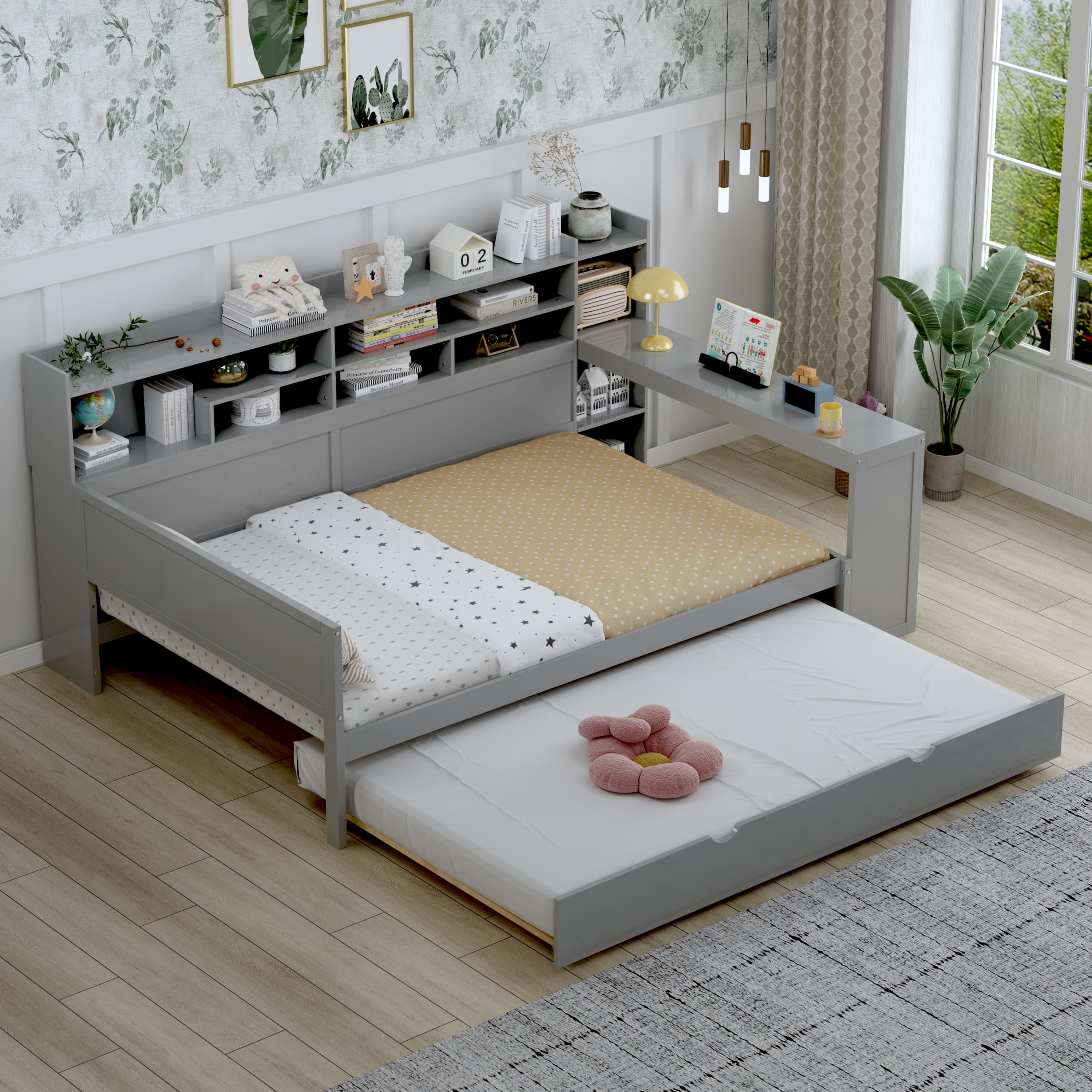 Euroco Wood Full Size Daybed with Storage Shelves and Desk, Twin Size Trundle Bed, Gray