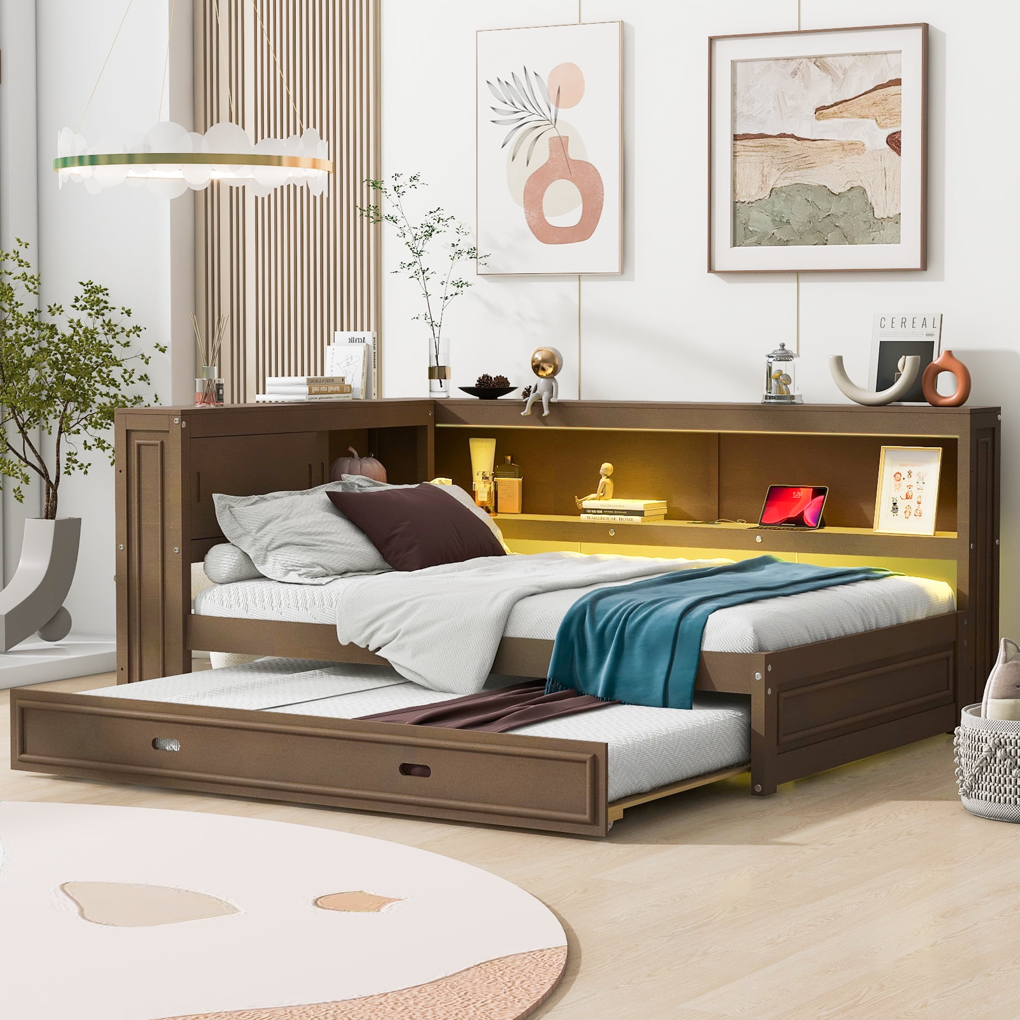 Euroco Wood Full Size Daybed with Storage Shelves and Trundle, USB Charging and LED Light, Wood