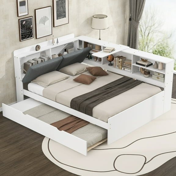 Euroco Wood Full Size Daybed with Trundle, Low Profile Storage Bed with Shelves and Table, White