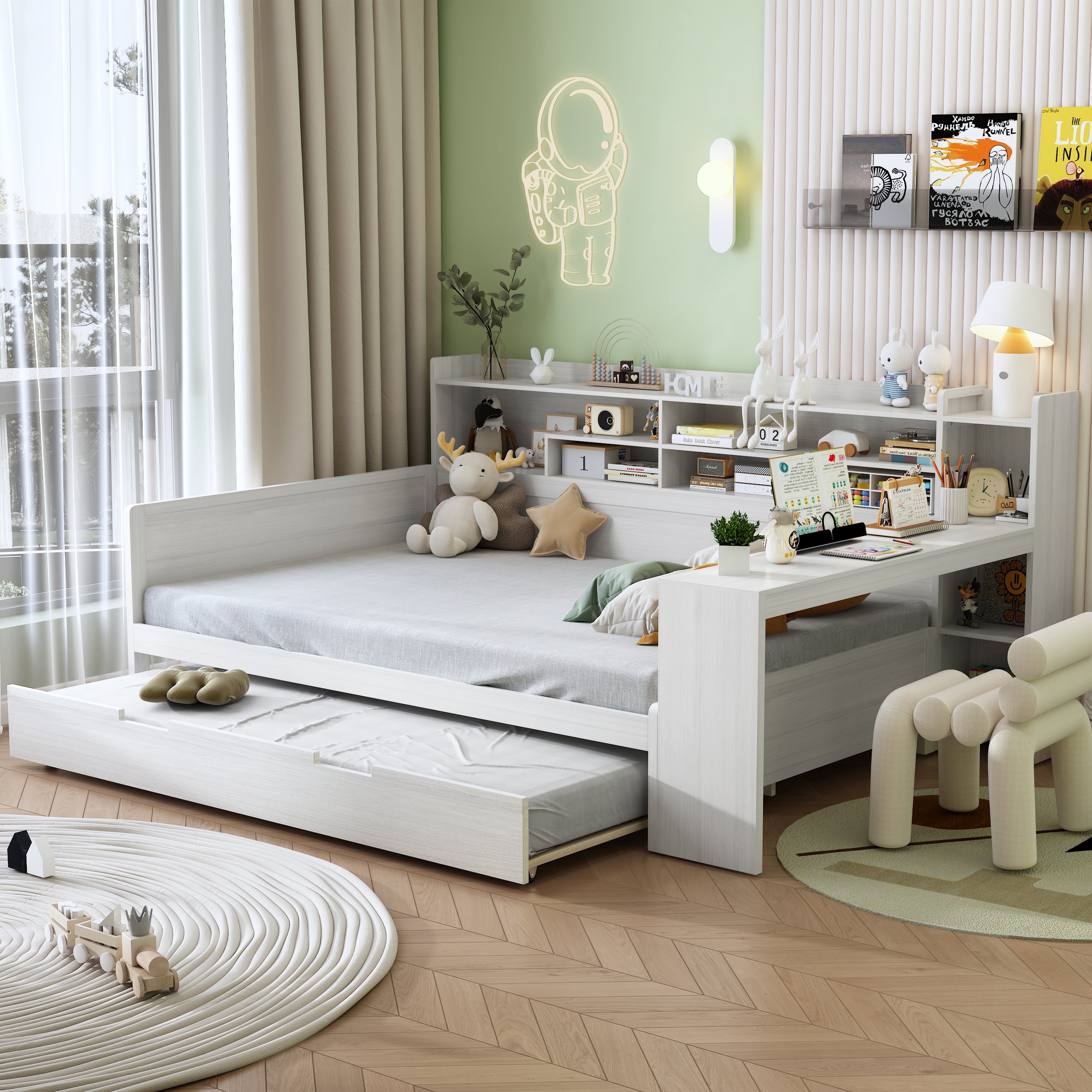 Euroco Wood Full Size Daybed with Trundle, Storage Captain Bed with Desk and Shelves, Twin
