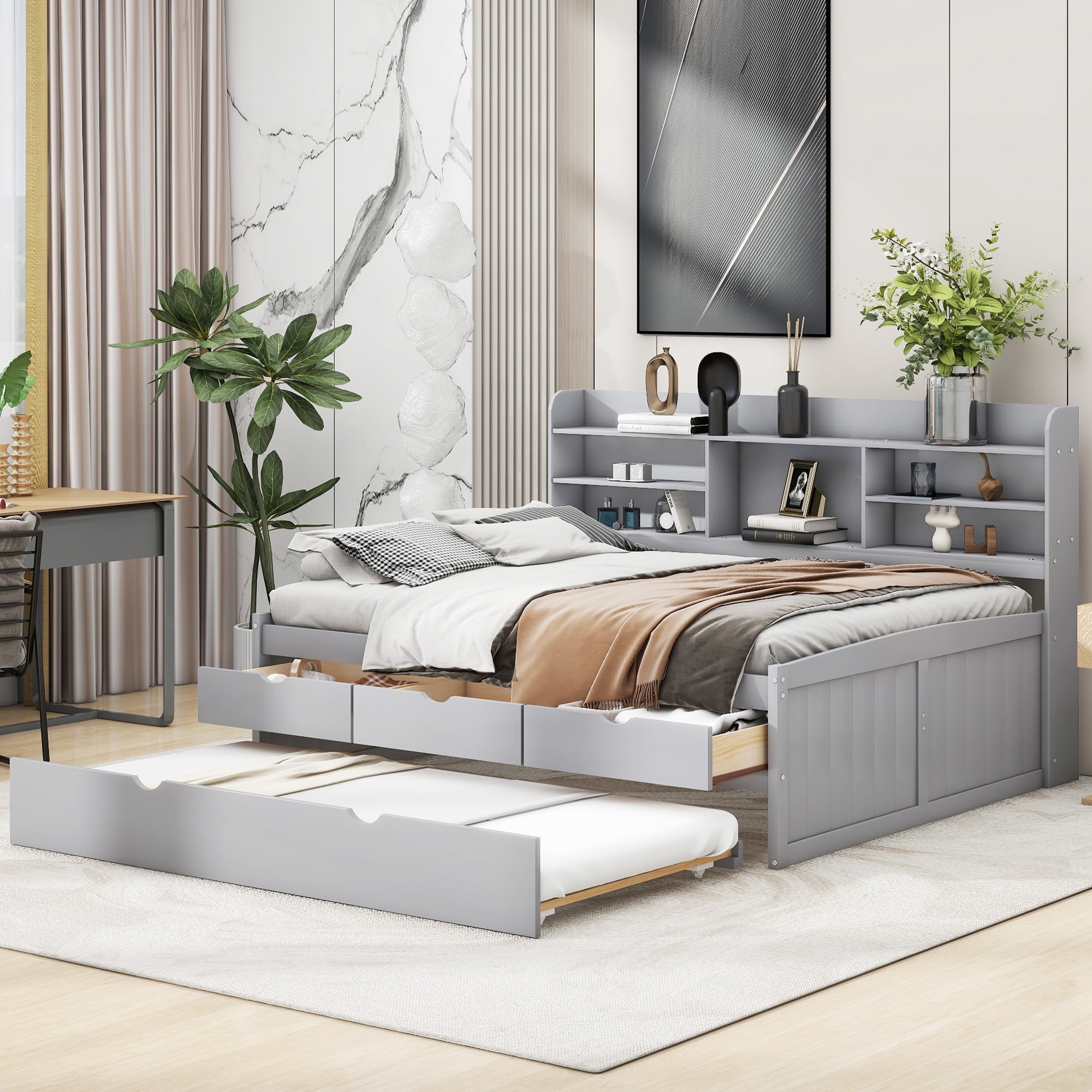 Euroco Wood Full Size Daybed with Trundle and Drawers, Wood Captain Platform Bed for Kids Teens, Light Gray
