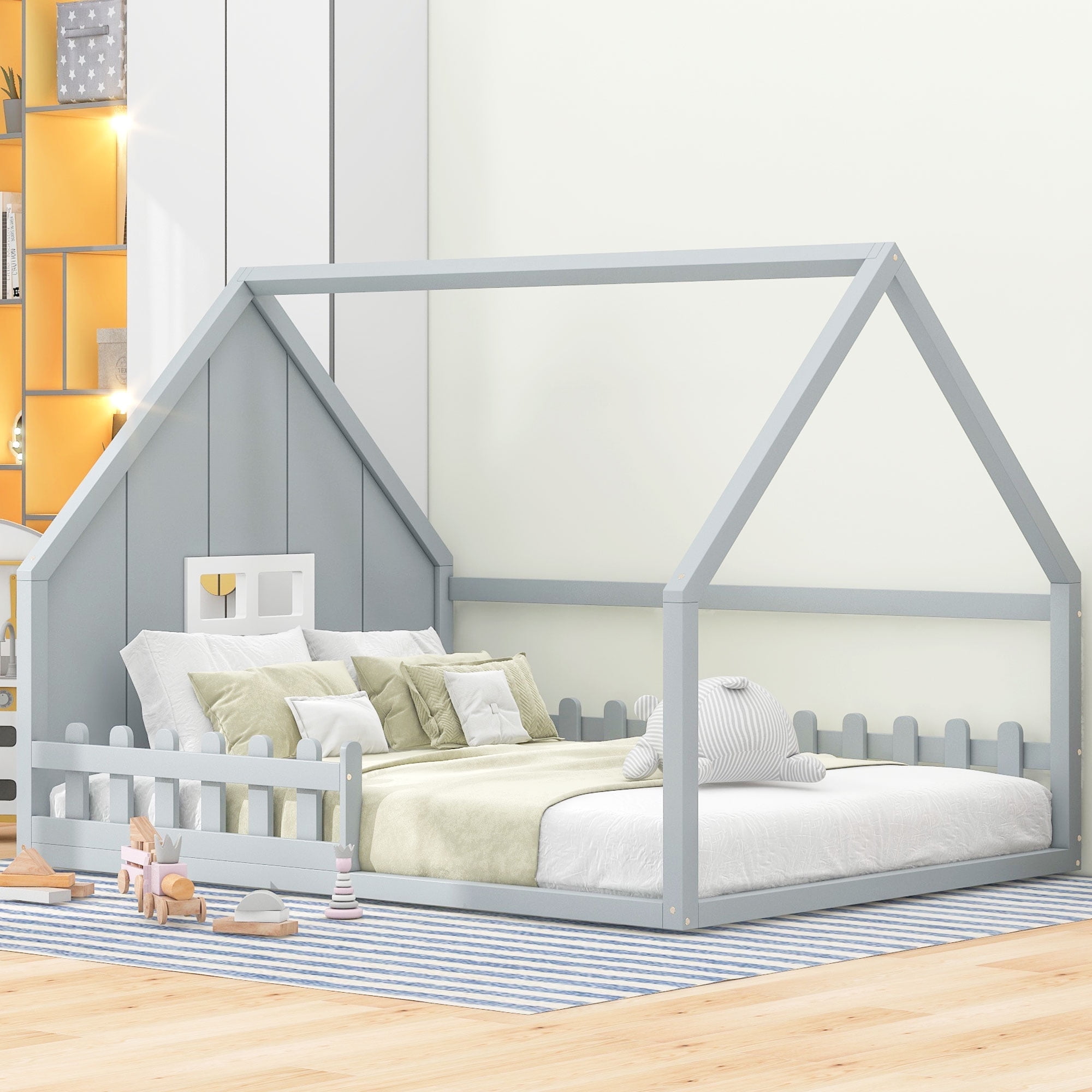 Euroco Wood Full Size House Bed, Low Profile Platform Bed, Gray