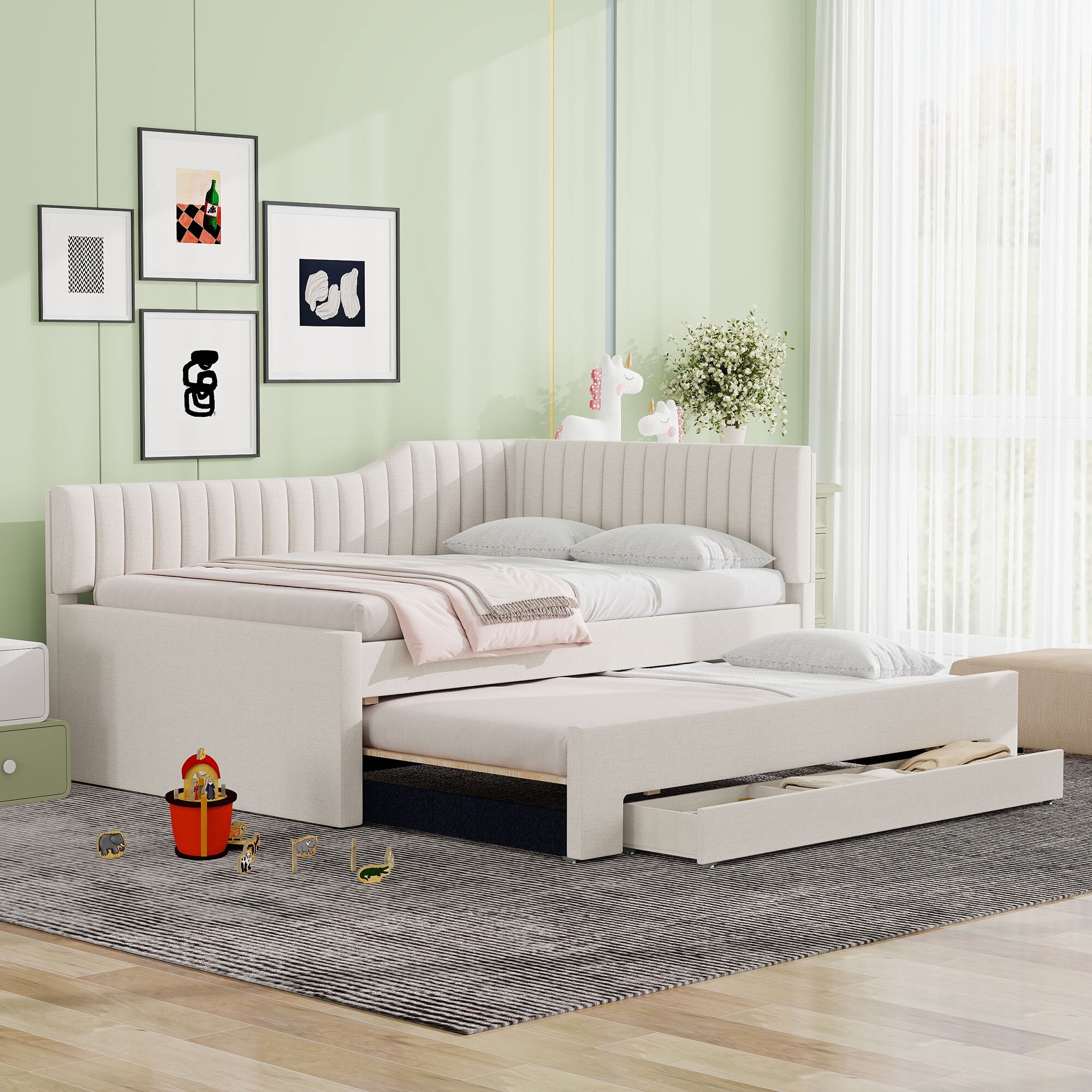 Euroco Upholstered Full Size Daybed with Trundle and 3 Drawers for Kids, Beige