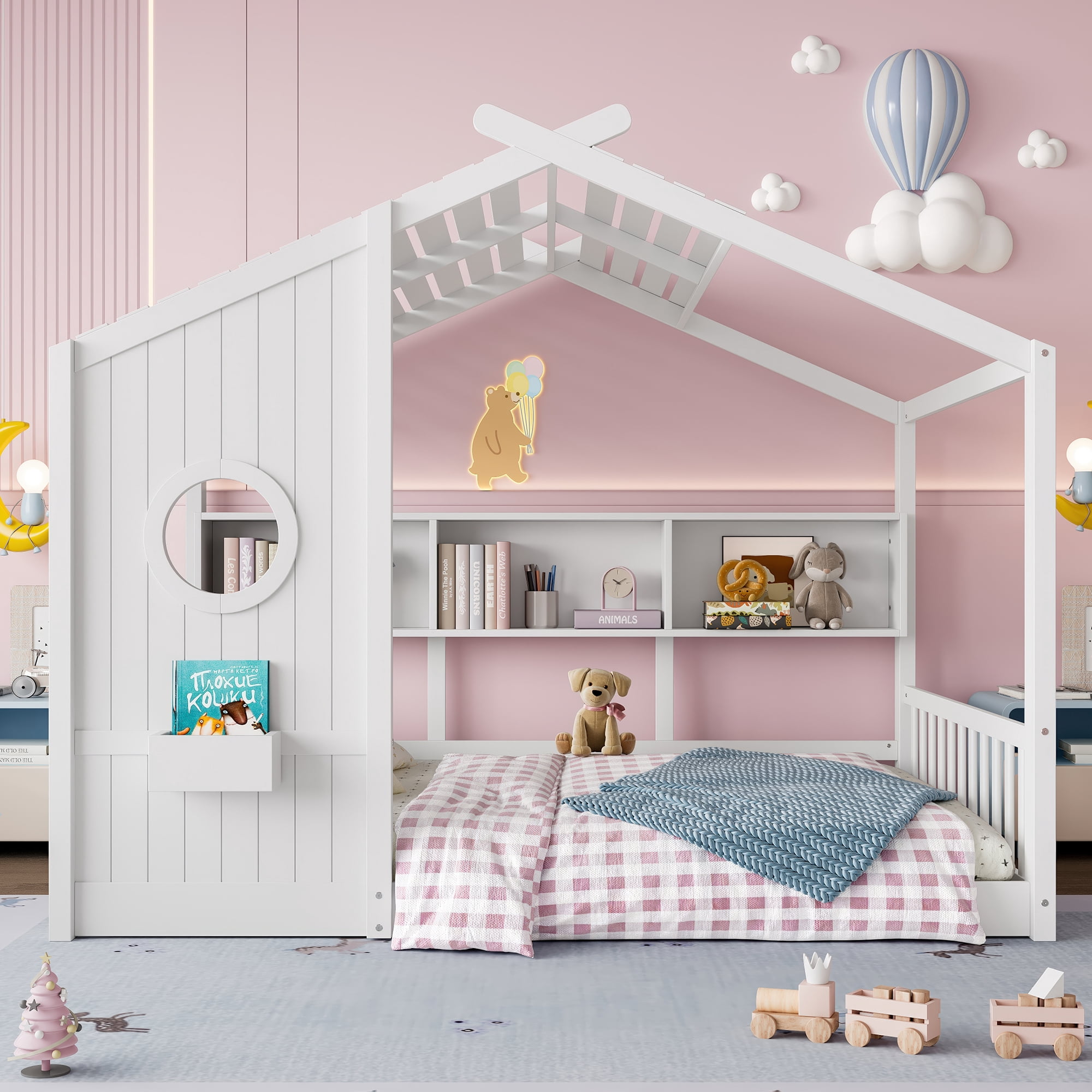 Euroco Wood Full Size House Bed with Cabinets, Floor Bed with Roof Design and Storage Shelves, White
