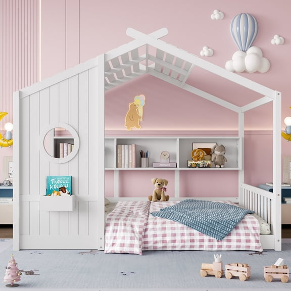 Euroco Wood Full Size House Bed with Cabinets, Floor Bed with Roof Design and Storage Shelves, White