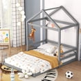 thumbnail image 1 of Euroco Wood Full Size House Bed with Roof, Floor Platform Bed with Guardrails for Kids Bedroom, Gray, 1 of 8