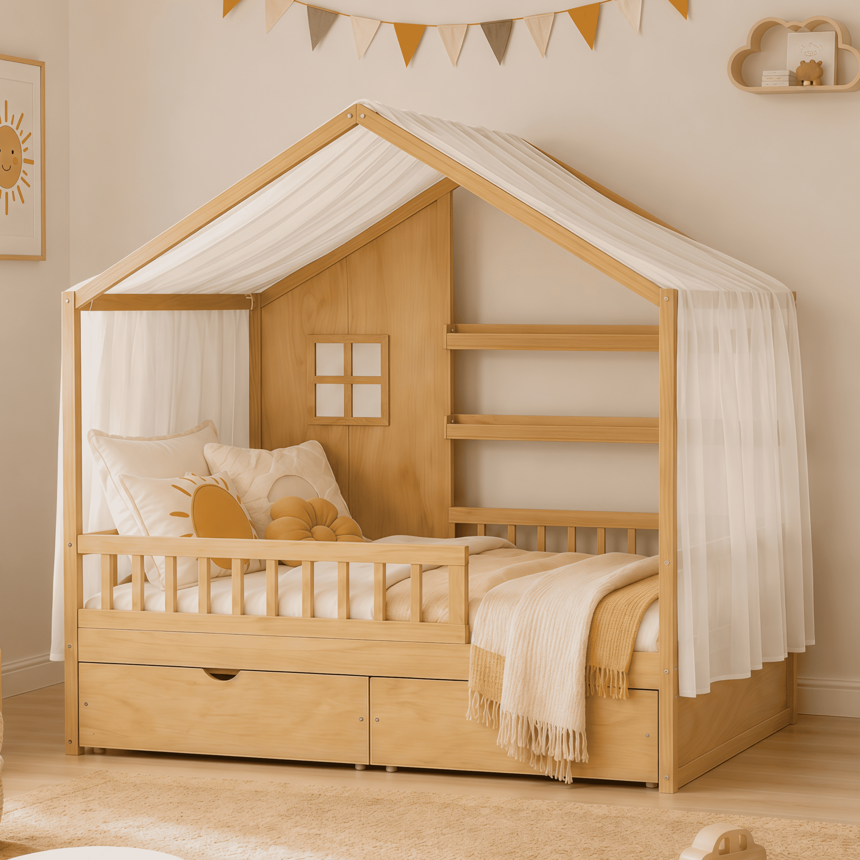 Euroco Wood Full Size House Bed with Roof and Curtains, Montessori Floor Bed with Drawers and Safety Guardrails,No Box Spring Needed, Natural