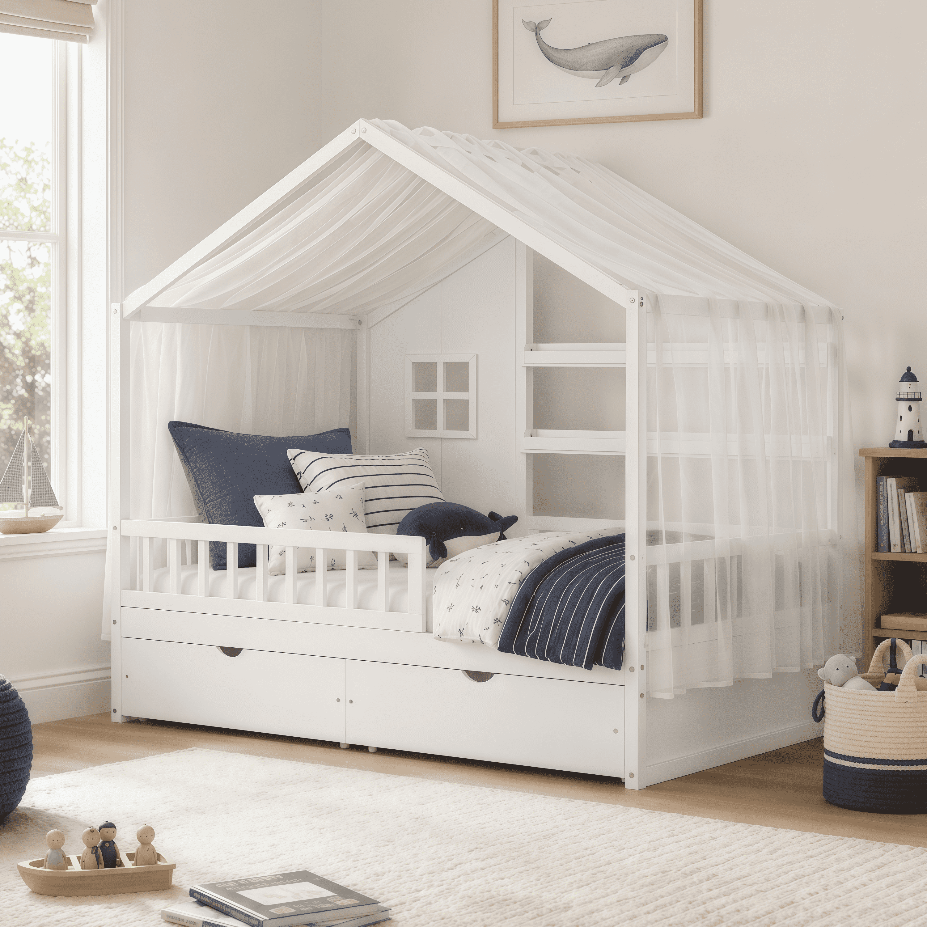 Euroco Wood Full Size House Bed with Roof and Curtains, Montessori Floor Bed with Drawers and Safety Guardrails,No Box Spring Needed, White
