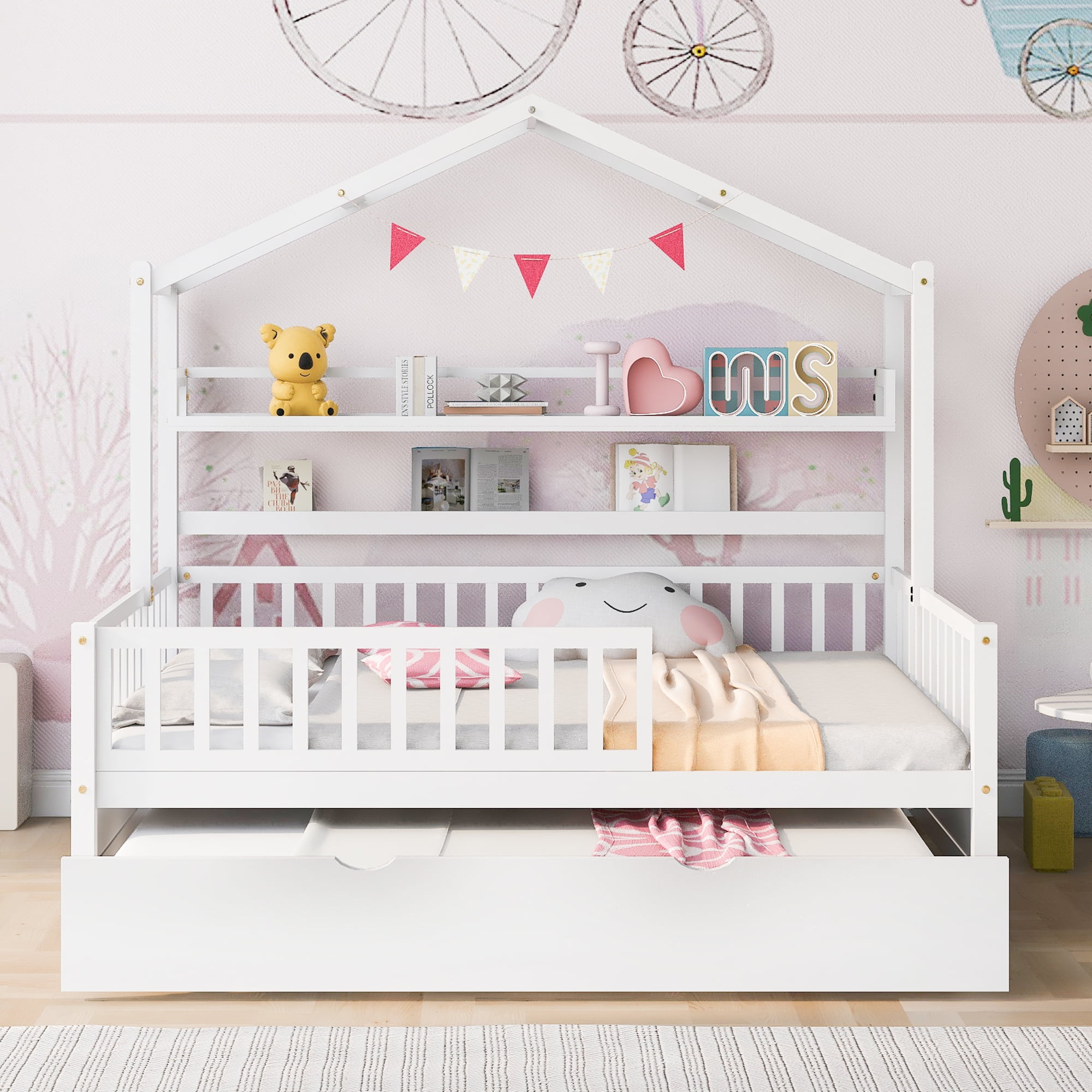 Euroco Wood Full Size House Bed with Trundle, Platform Bed with Bookshelf, White