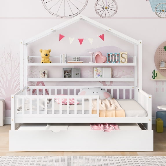 Euroco Wood Full Size House Bed with Trundle, Platform Bed with Bookshelf, White