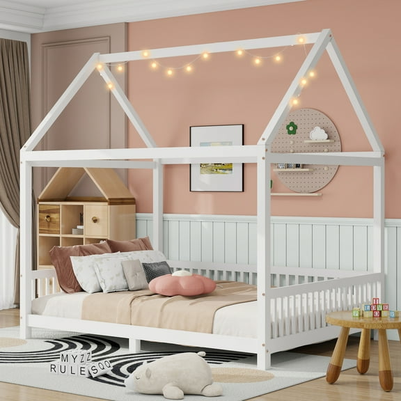 Euroco Wood Full Size House Canopy Bed, Platform Bed with LED Light