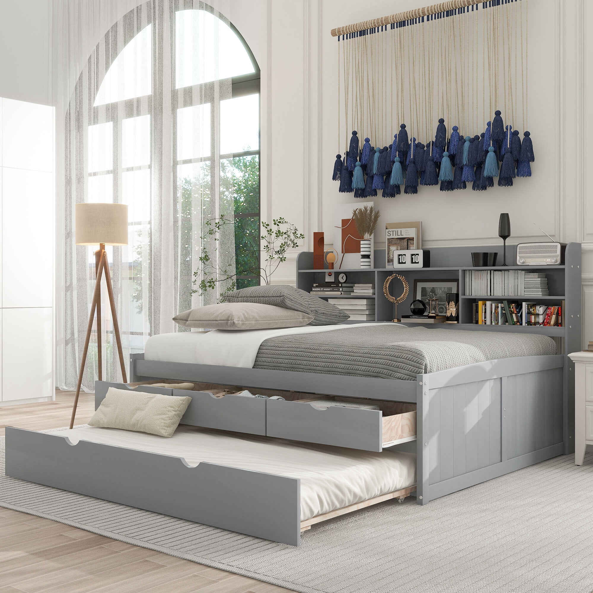 Euroco Wood Full Size Captain Bed with Trundle and Drawers, Light Grey