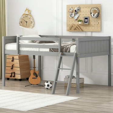 Euroco Wood Full Size Loft Bed, Low Profile Bed with Ladder for Kids, Gray