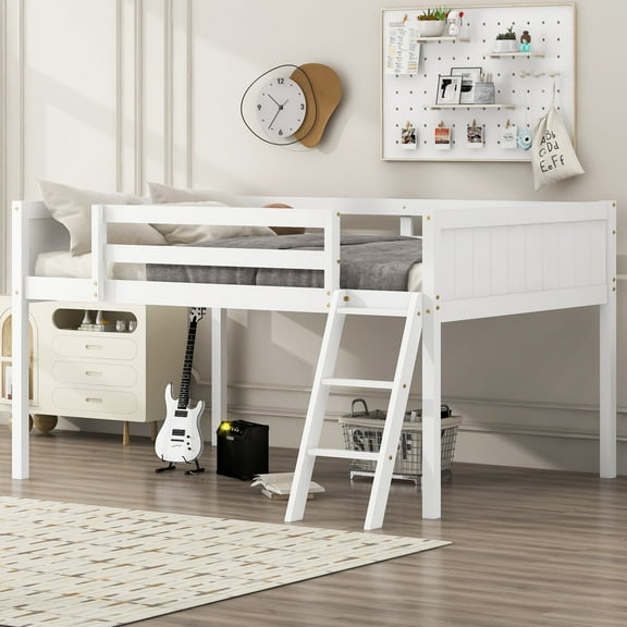 Euroco Wood Full Size Loft Bed, Low Profile Bed with Ladder, White