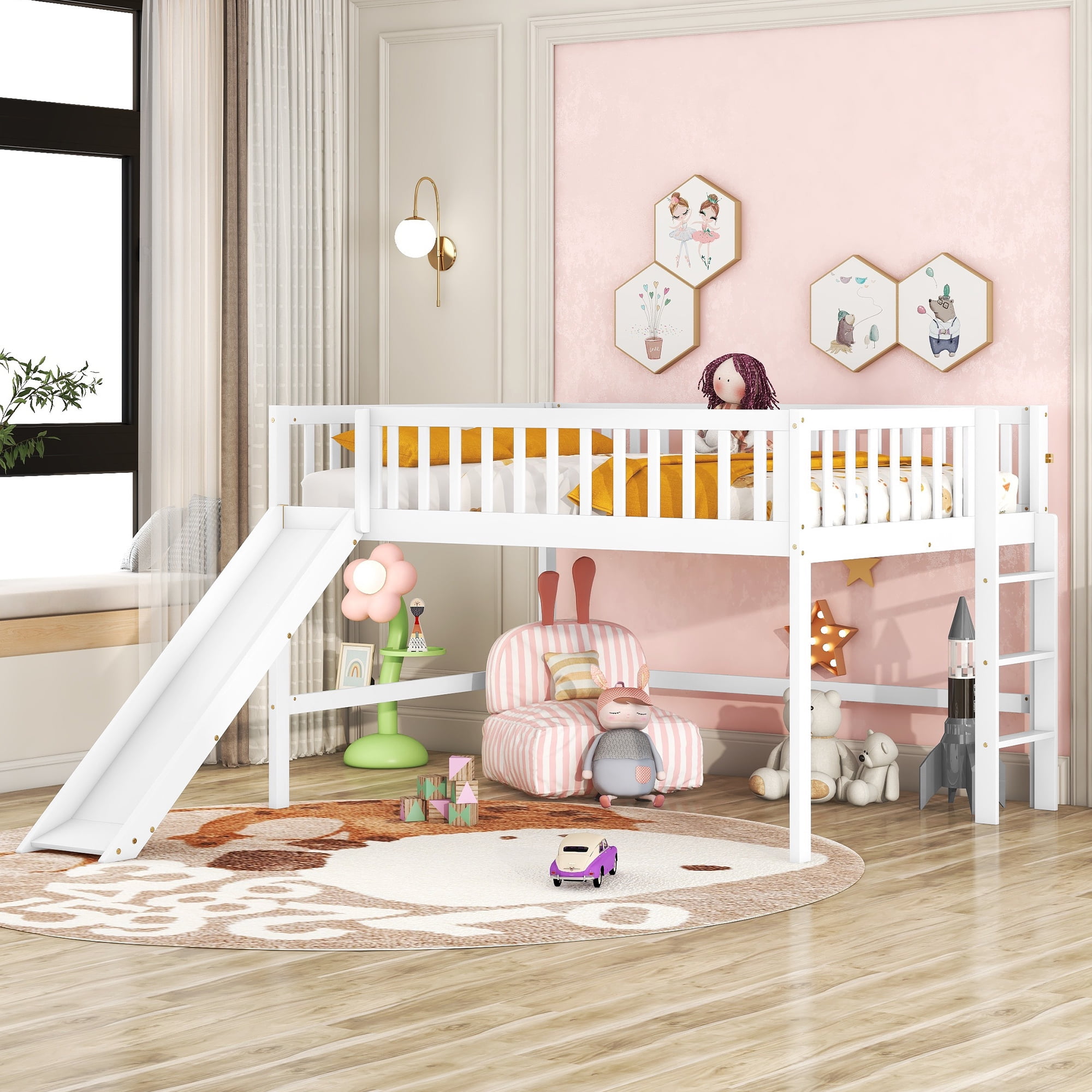 Euroco Wood Full Size Loft Bed, Low Profile Bed with Vertical Ladder and Slide for Kids Teens, White