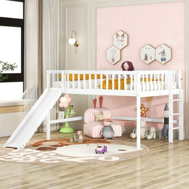 Euroco Wood Full Size Loft Bed, Low Profile Bed with Vertical Ladder and Slide, White