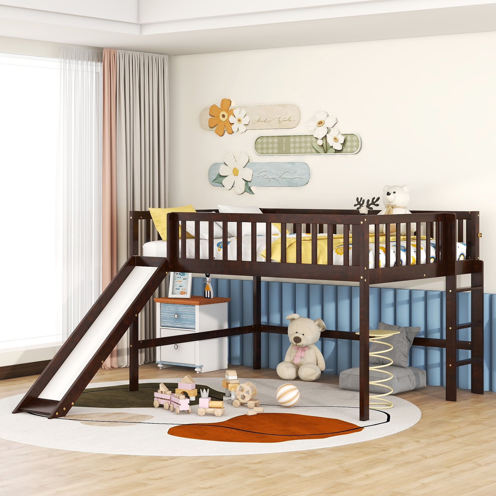 Euroco Wood Full Size Loft Bed, Low Profile Bed with Vertical Ladder and Slide for Kids Teens, Espresso