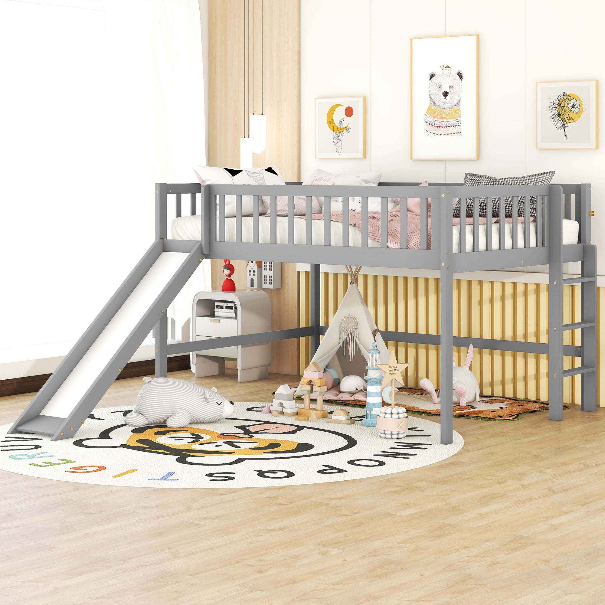 Euroco Wood Full Size Loft Bed, Low Profile Bed with Vertical Ladder and Slide for Kids Teens, Gray