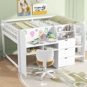 Euroco Wood Full Size Loft Bed with Desk, Drawers and Cabinets, Low Profile Bed with Cabinets and Whiteboard for Bedroom, White