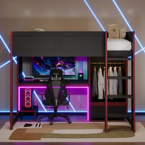 Euroco Wood Twin Size Loft Bed with Desk and Drawer, Gaming Bed with LED Light and Open Wardrobe