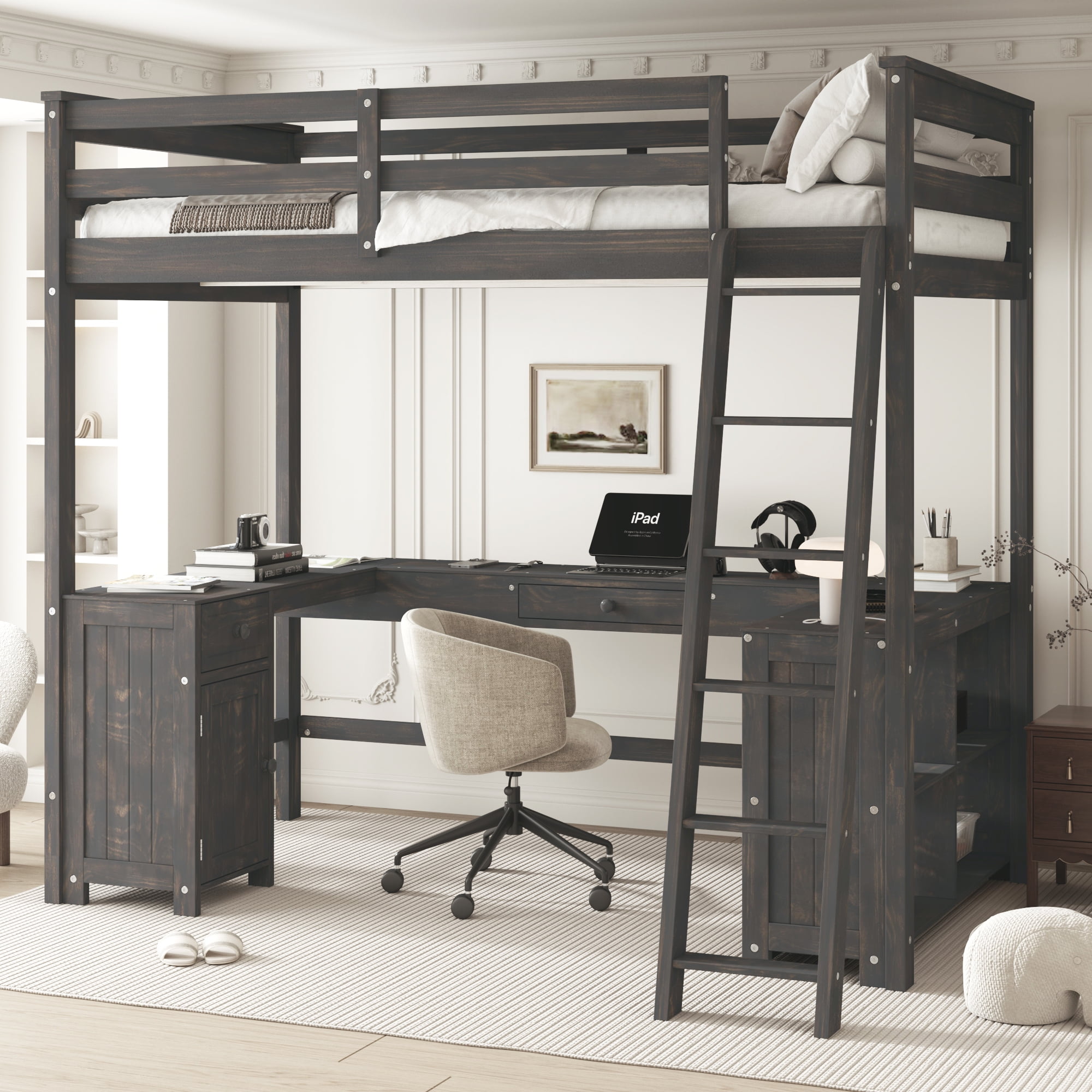Euroco Wood Full Size Loft Bed with Desk and Shelves, Antique Brown