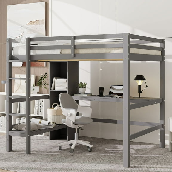 Euroco Wood Full Size Loft Bed with Desk and Shelves, Gray