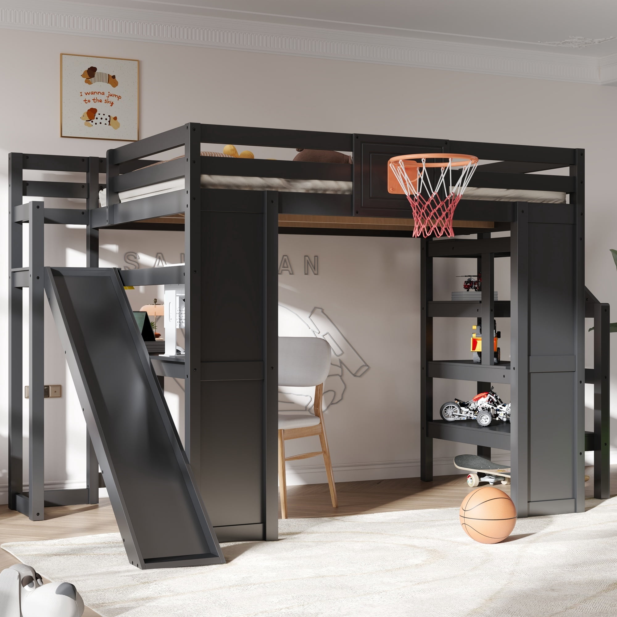 Euroco Wood Full Size Loft Bed with Desk and Shelves, Storage Bed with Basketball Hoop and Slide, Black